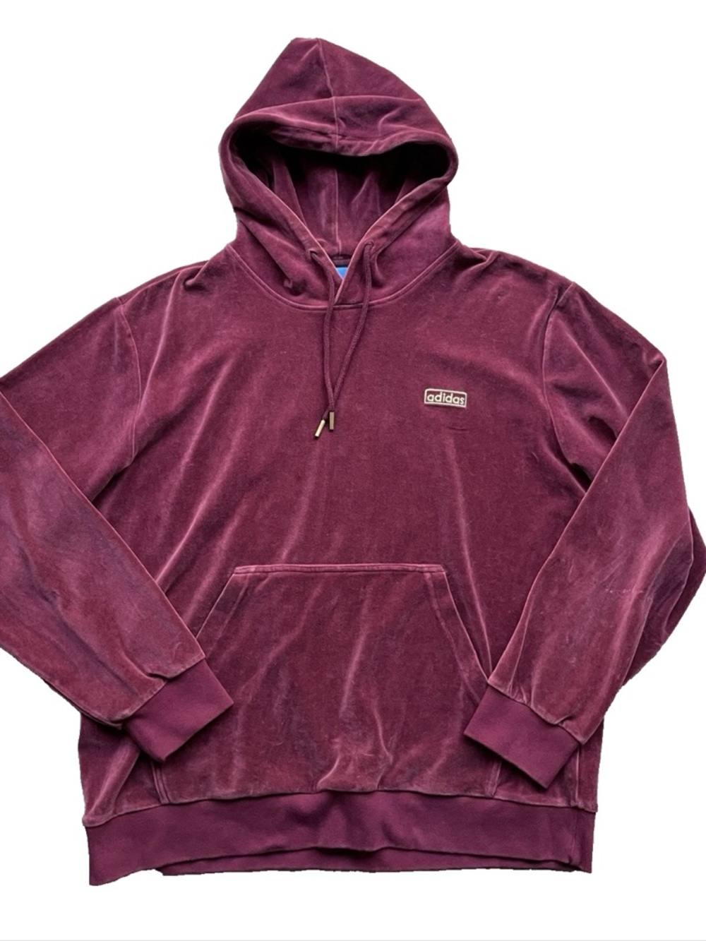 Adidas Velour Hoodie Sweatshirt Wine Red Men's XL Embroidered Logos
